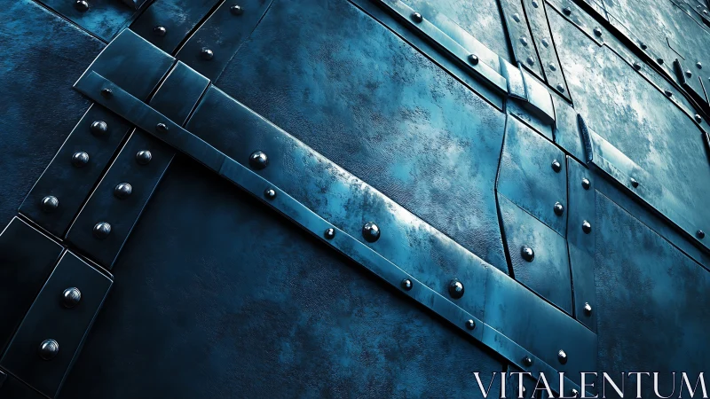 Angled blue metal plates form riveted industrial armor surface