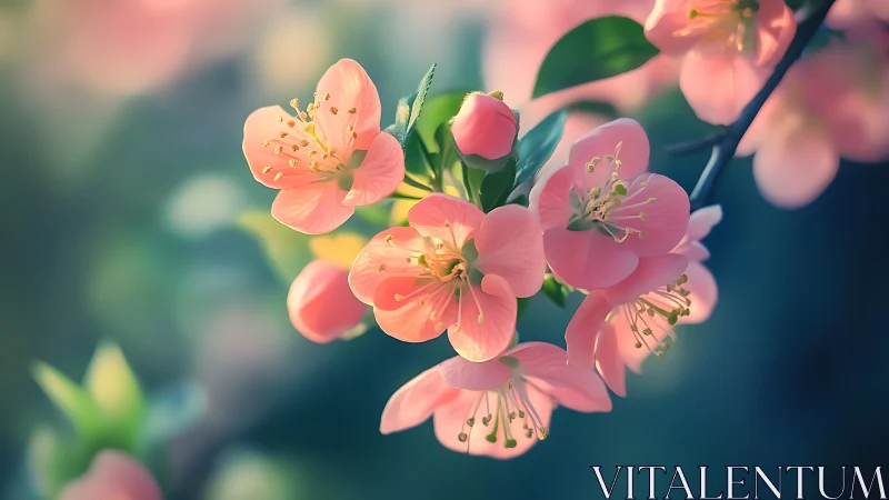 Pink cherry blossoms illuminated with selective focus and atmospheric blur.