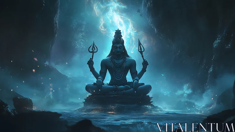 Divine blue deity meditating in glowing cavern sanctuary.