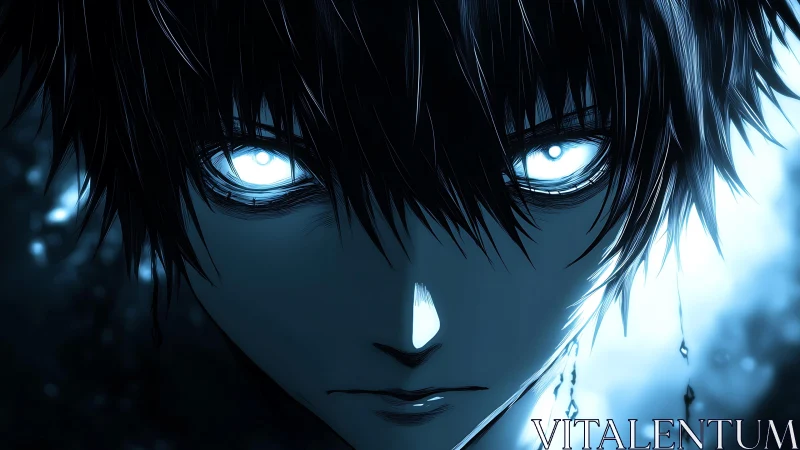 Glowing eyed anime antihero in cold blue closeup portrait.