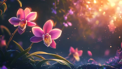 Backlit pink orchids glow against a bokeh-suffused dusk field