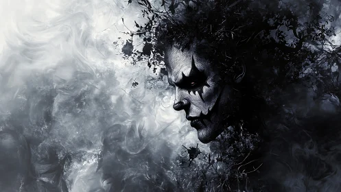 Monochrome harlequin specter merges with swirling smoke.