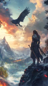 Solitary cloaked figure observing large bird over valley.