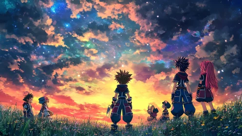 Starlit questing hearts gather beneath a burning dawn sky.