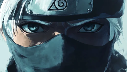 Masked silver-haired ninja portrait with intense blue eyes