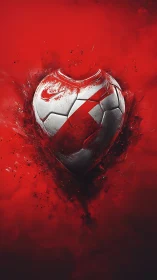 Cracked silver football heart ignites within crimson smoke.