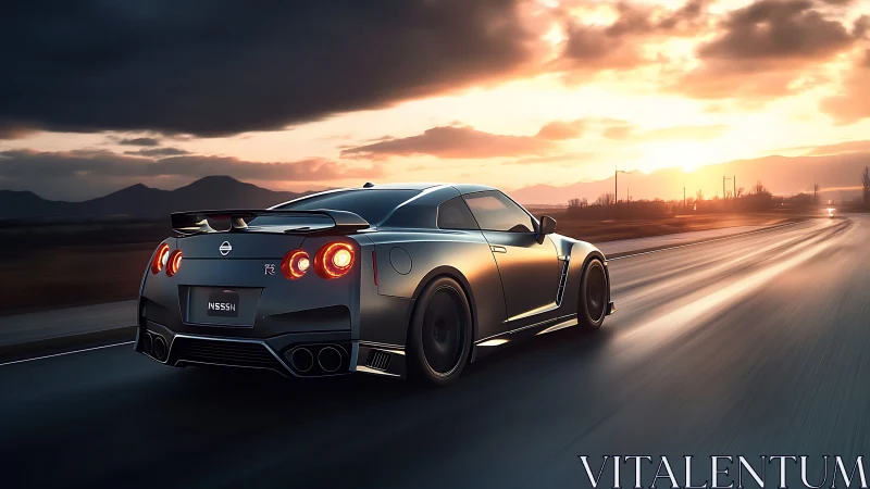 Sports coupe on open highway at sunset in motion.