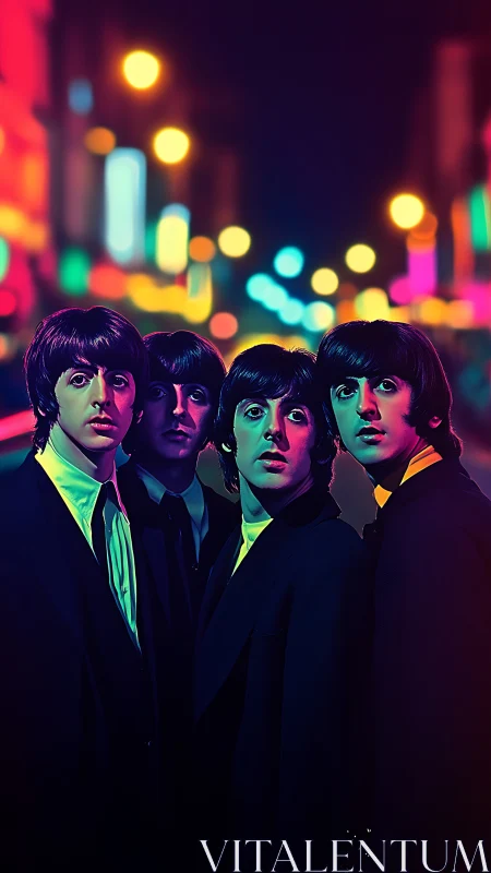 Neon-lit quartet portrait rendered in high-contrast digital color