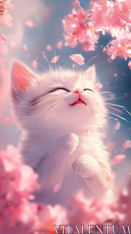 White Cat with Pink Flowers and Falling Petals in Hazy Soft Focus