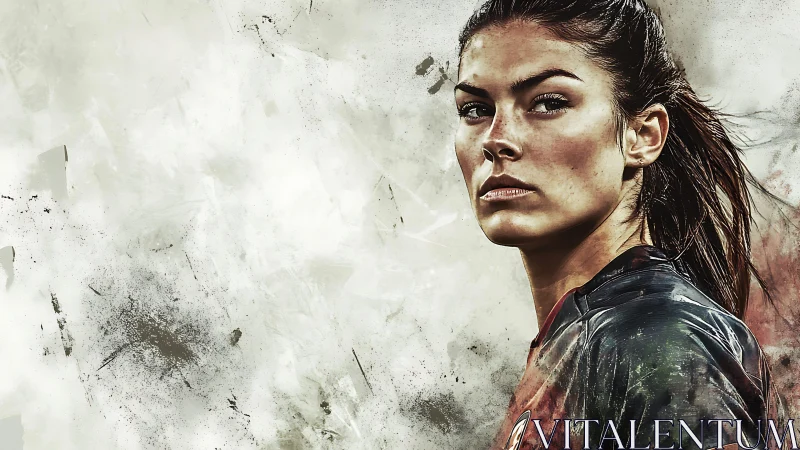 Intense female athlete stares ahead against abstract grunge field.