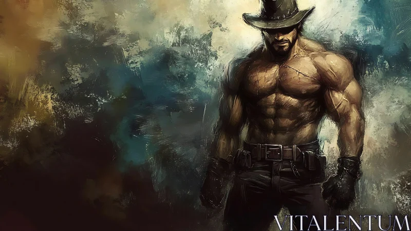 Storm-lit cowboy warrior stands strong in swirling desert light
