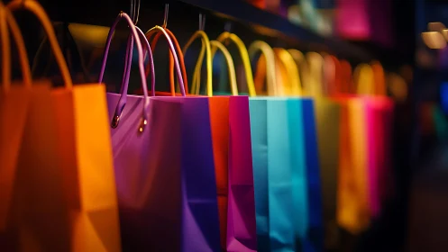 Color saturated paper shopping bags under boutique shelf lighting