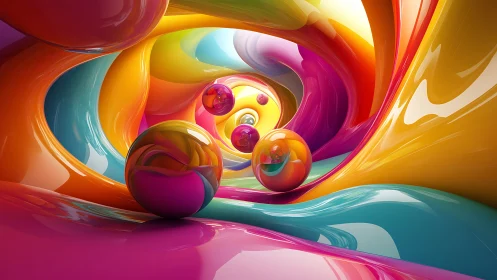 Swirling rainbow spheres invite you into a vibrant color tunnel