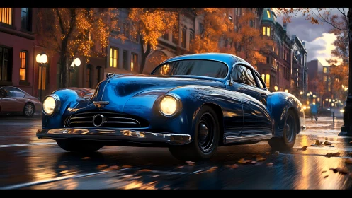 Midnight-blue classic car cruising through cozy autumn streets.