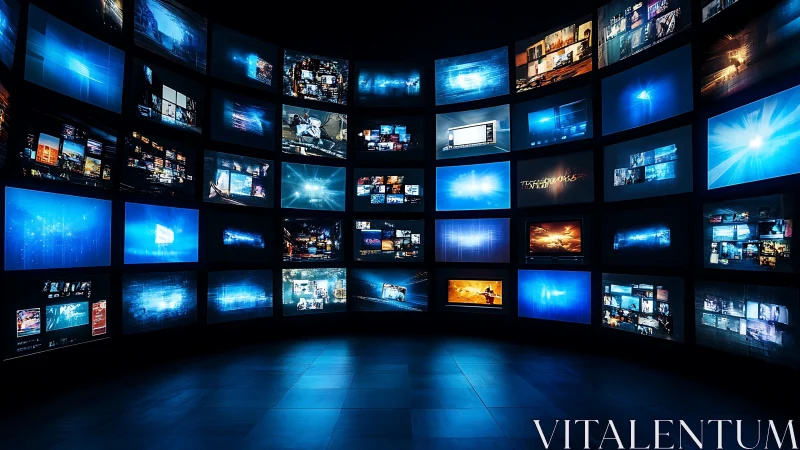 Curved video wall displays multiple blue digital media screens