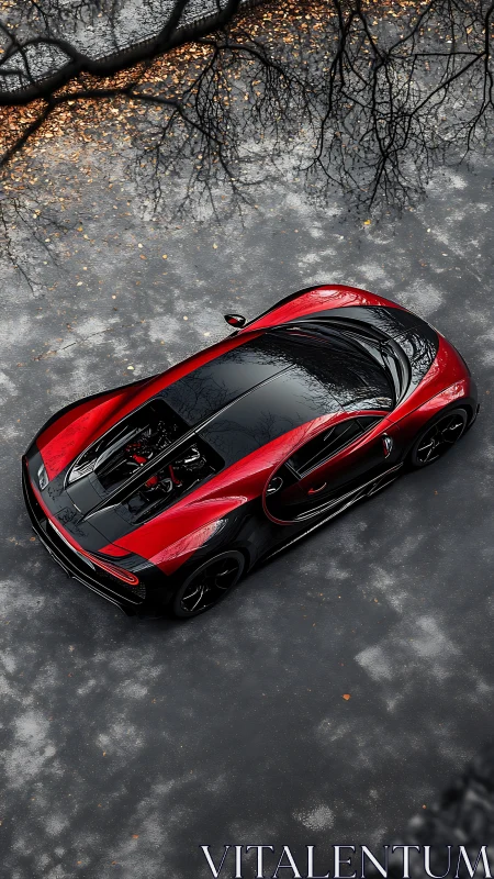 Scarlet hypercar glides beneath bare branches in autumn hush.