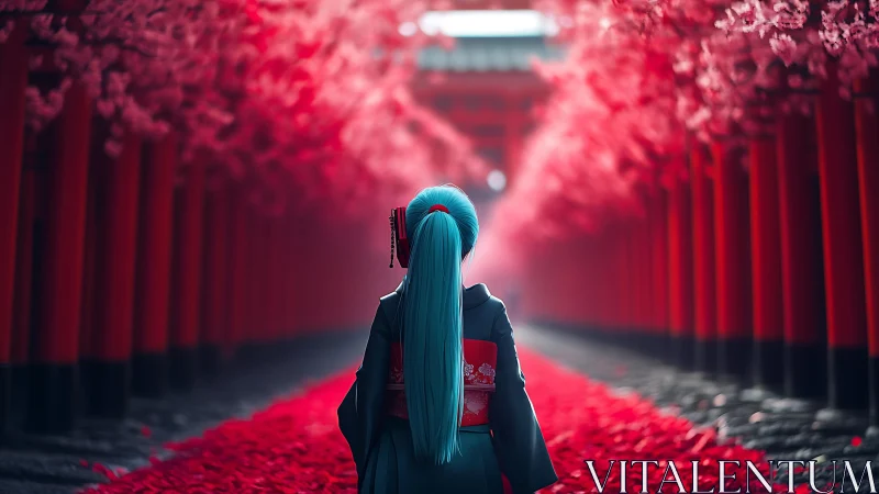 Blue-haired girl walks under crimson torii corridor. Period.