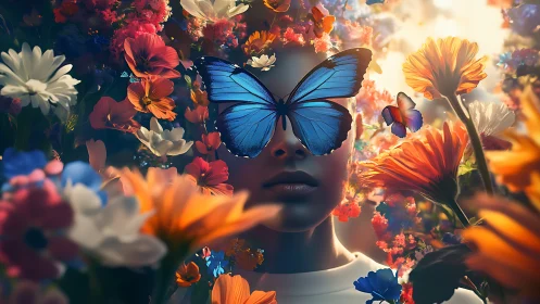 Surreal portrait merges human visage, butterflies and florals in bloom
