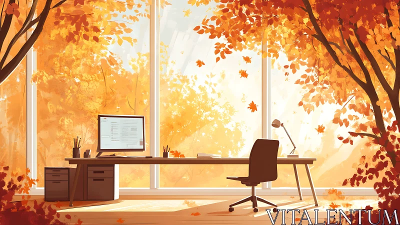 Office workstation faces large windows with autumn foliage