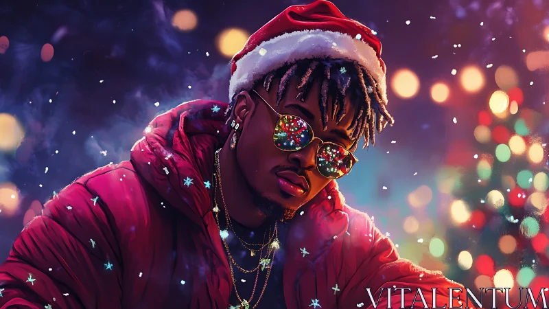 Cool holiday portrait with neon reflections and snowfall.