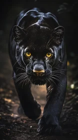Black Panther Portrait with Amber Eyes in Dark Setting