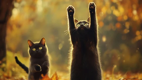 Joyful Black Cats Playing in Sunlit Autumn Forest.