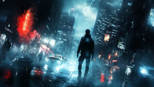 Neon drifter stalks rain-slicked cybercity of drowned light.