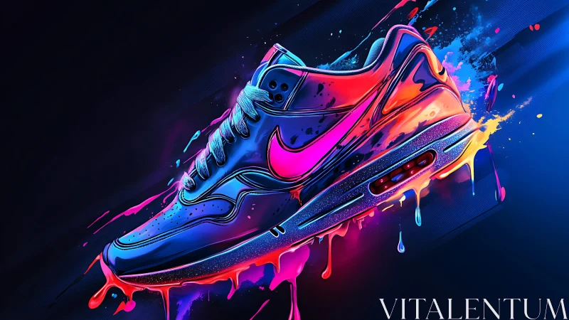 Neon sneaker explodes through liquid paint and light.