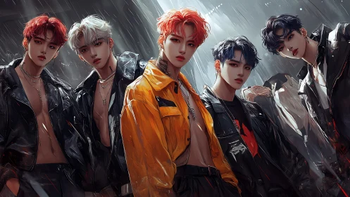 Idol boy group in cinematic rain, neon jackets and leather.