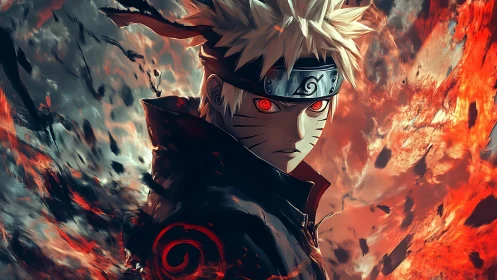 Blond anime ninja with glowing eyes amid swirling flames.