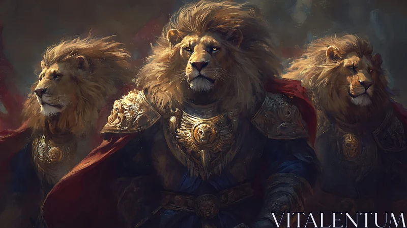 Three Regal Lions Adorned in Golden Armor and Battle Regalia