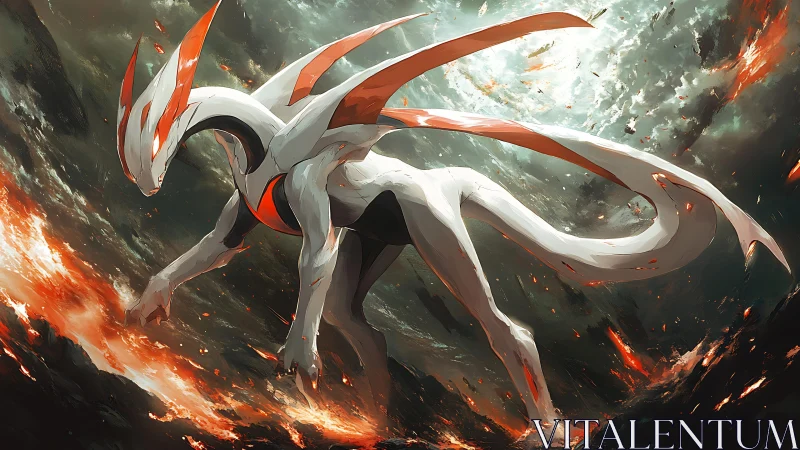 Large white reptilian creature traverses fiery abstract terrain