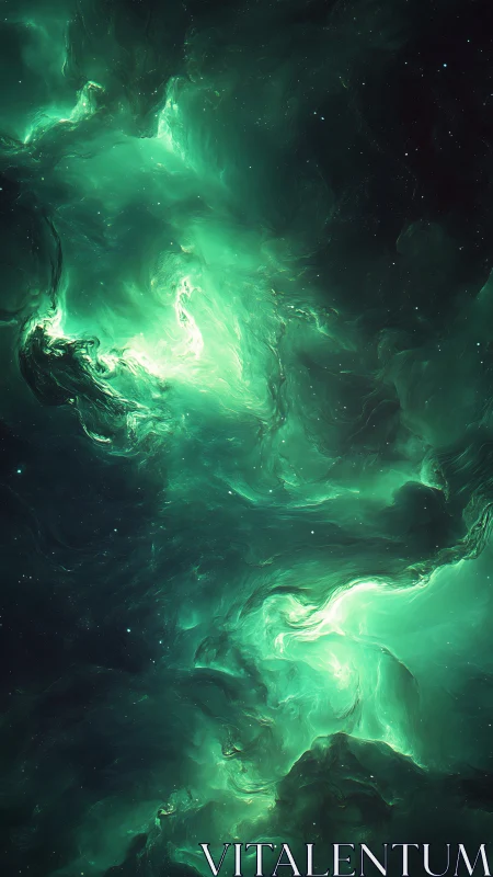Emerald cosmic clouds drift softly through a glowing nebula