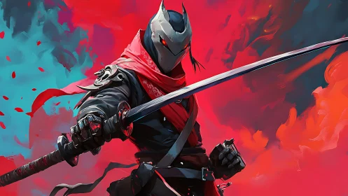 Crimson masked swordsman poised within swirling neon storm.