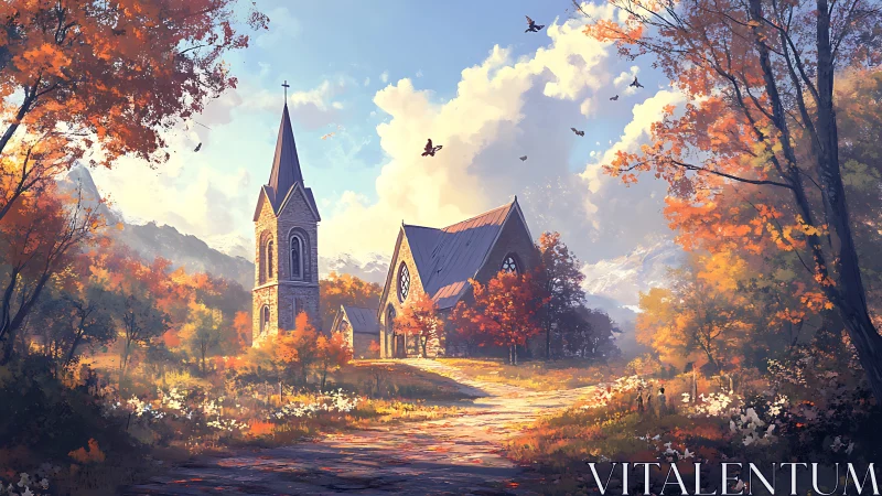 Digital painting of autumn chapel under luminous mountain sky.