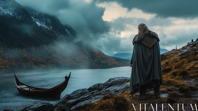 Viking warrior contemplates a misty fjord before departure