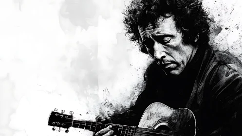Monochrome portrait of guitarist in loose ink style rendering.