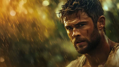Battle-worn man stares through rain with fierce resolve.