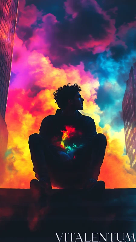 Silhouetted figure against vivid neon clouds in cityscape.