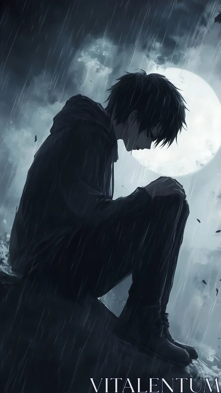 Moody anime silhouette in nocturnal rain backlit by moonlight.