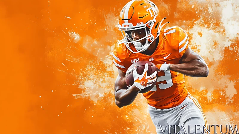 Digital painting of running back in dynamic orange field burst.