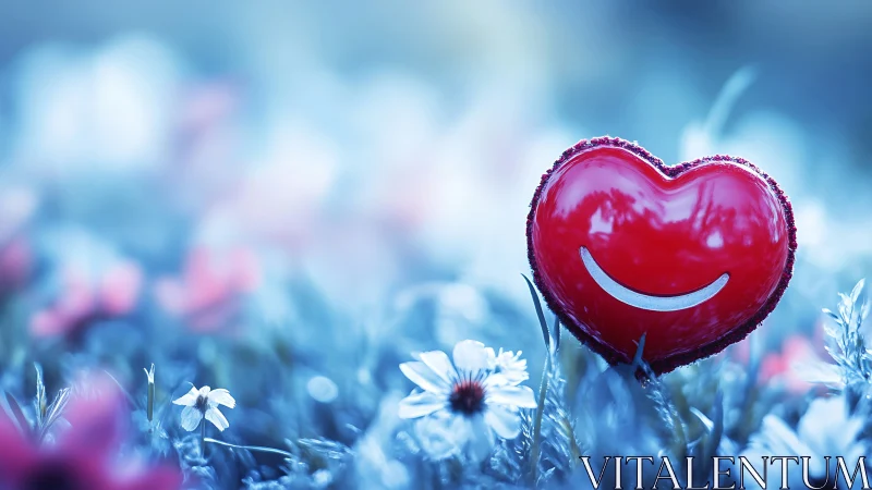 Crimson heart balloon dreams among icy wildflower meadows