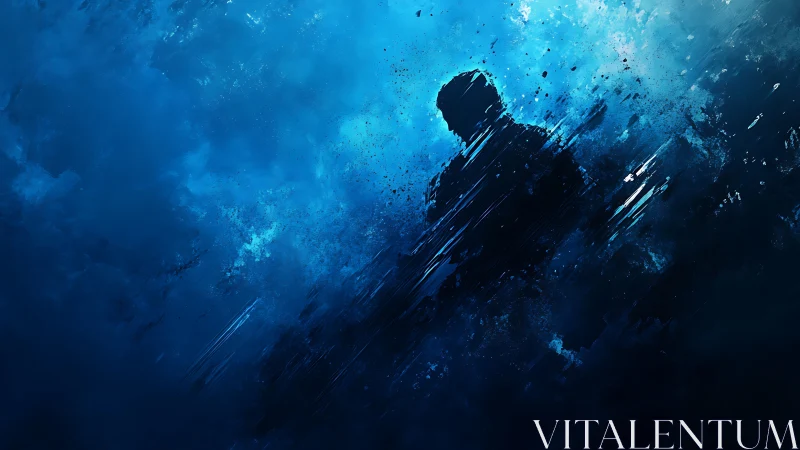 Silhouetted figure dissolves through abstract blue void