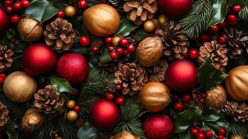 Chromatic analysis of festive baubles, cones, and foliage.