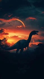 Majestic dinosaur strolls beneath a glowing prehistoric sky.