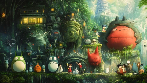 Dense forest settlement with stylized creatures in layered tiers