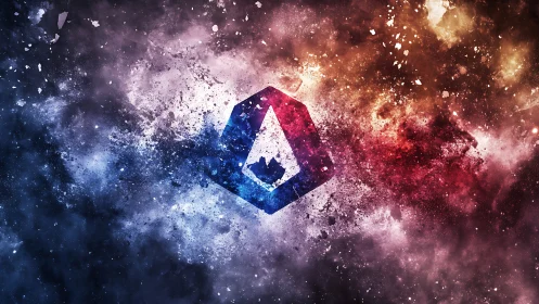 Cosmic hexagon logo amid exploding nebula clouds.