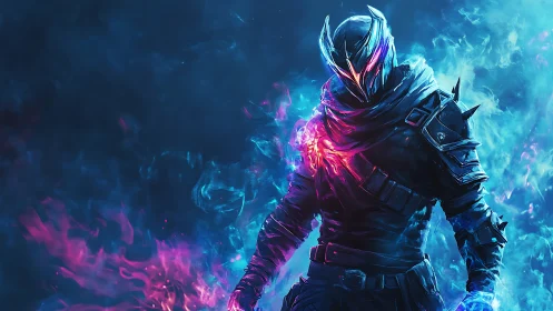 Mystical neon warrior walking through swirling blue flames.