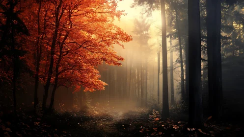 Autumn Forest Path Bathed in Golden Sunrise Light Through Mist