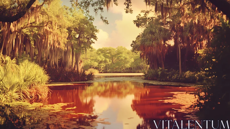 Soft golden sunset glows over a tranquil forest river